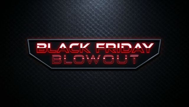 Black Friday Blowout Neon Badge Glowing Red on Dark Metallic Hex Panel for Sale