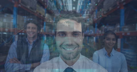 Business Team in Warehouse with Global Data Overlay