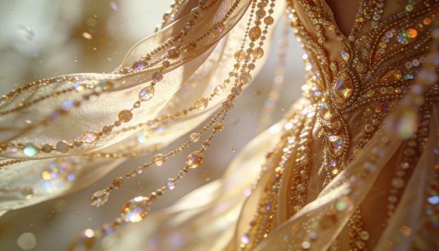 Golden beaded couture gown flowing with iridescent crystal strands catching warm backlight