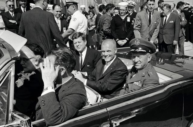 S62-00406 (February 1962) --- Following the successful MA-6 mission, astronaut John H. Glenn Jr., seen here with President John F. Kennedy and General Leighton I. Davis, took part in a whirlwind of activities celebrating the event.  This appearance was in Cocoa Beach.