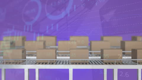 Boxes on Conveyor with Data Graphics Background