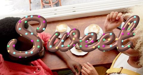 Couple sharing cozy latte and pastry at sunlit cafe counter with playful sweet overlay