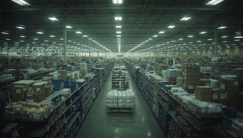 Showing wrapped pallet on cart centered in expansive warehouse aisle with long shelving