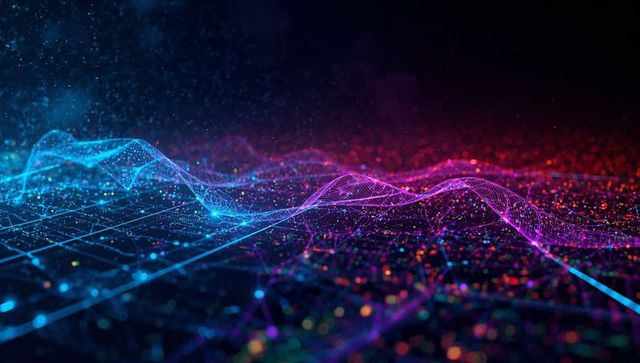 Futuristic Neon Grid with Luminous Wave Patterns and Glowing Particles