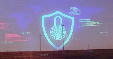 Digital Shield with Lock and Code Overlay on Twilight Landscape