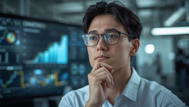 Asian professional analyzing financial charts on widescreen monitors in modern workspace