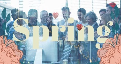 Business team analyzing financial data with floral spring theme