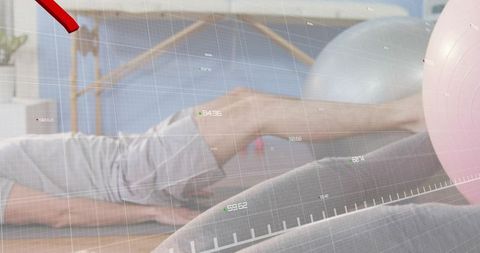 Partner core workout using pink stability ball with digital fitness overlay