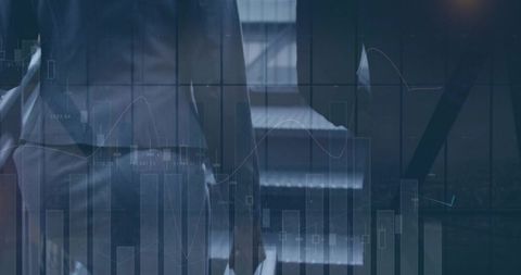 Two executives ascending escalator with financial charts overlay signaling business growth