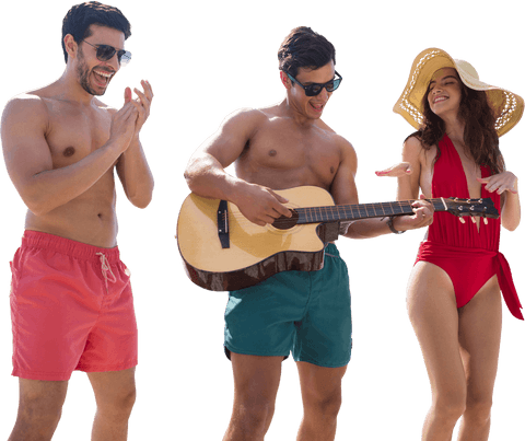 Smiling Friends Enjoying Summer Beach Music on Transparent Background
