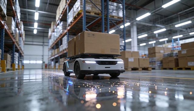 Autonomous agv transporting stacked boxes through warehouse aisle on reflective floor with led glow