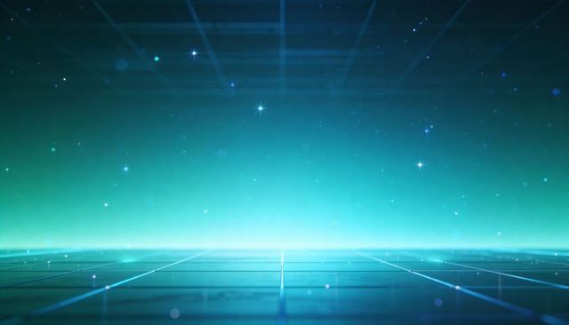 Futuristic teal grid stage drawing eye toward bright central horizon glow