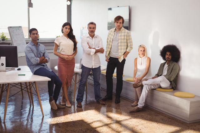 This image depicts a diverse group of confident business professionals in a modern, creative office environment. Ideal for illustrating concepts related to teamwork, collaboration, startup culture, and workplace diversity. Suitable for use in business presentations, corporate websites, marketing materials, and articles about modern workspaces and professional team dynamics.