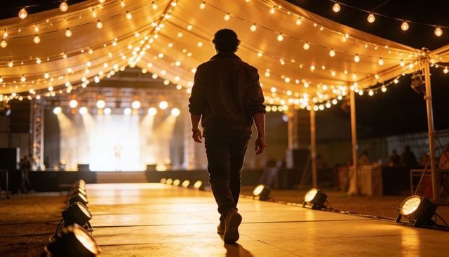 Silhouette man walking along illuminated runway under string lights toward stage at night