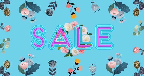 Neon Sale Sign with Floral Arrangement on Blue Background