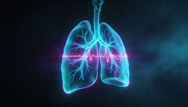 Neon lungs with magenta ECG pulse over trachea and bronchi, futuristic medical rendering