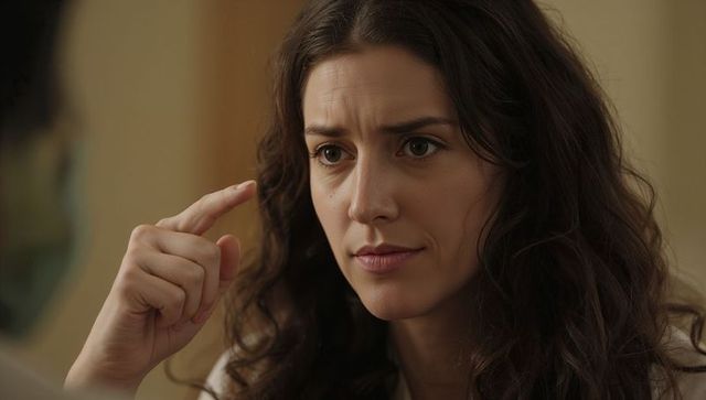 Contemplative woman pointing to temple while thinking, focused headshot expression
