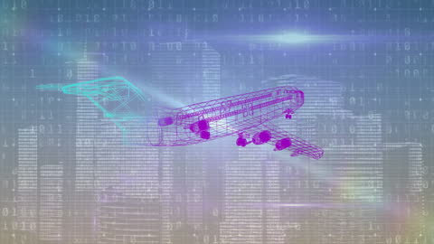 Cybernetic Plane Overlay with Binary Code Across a Cityscape
