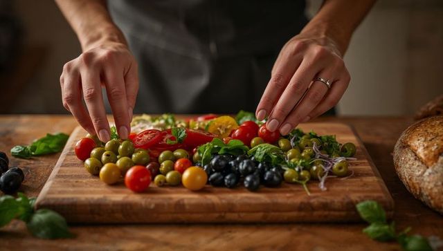 Hands arranging olives cherry tomatoes and basil on rustic wooden cutting board close-up