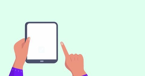 Cartoon hands holding digital tablet with blank screen