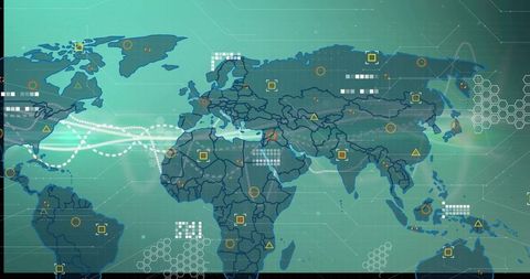 Futuristic Digital World Map with Data Connectivity Icons
