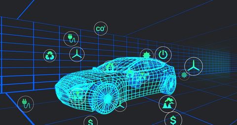 Futuristic Electric Car Surrounded by Digital Icons in Tunnel - Download Free Stock Images Pikwizard.com