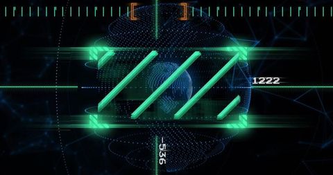 Holographic HUD with Diagonal Data Bars Over Dotted Globe, Neon Telemetry Numeric Readouts