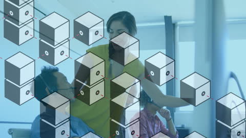 Women Collaborating in Modern Office with Technology Overlay