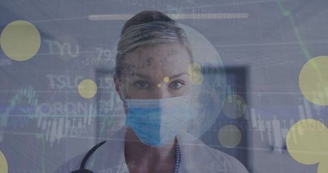 Caucasian Female Doctor in Face Mask with Digital Data Interface