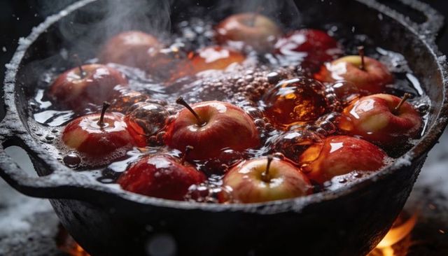 Apples simmering in amber syrup in cast-iron pot over open flame