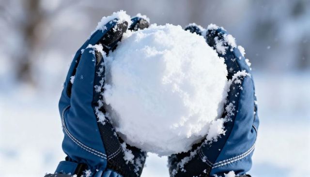 Holding large packed snowball with blue insulated gloves bright snowy winter day closeup