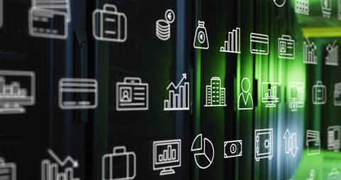 Data Processing Icons Overlay on Digital Background