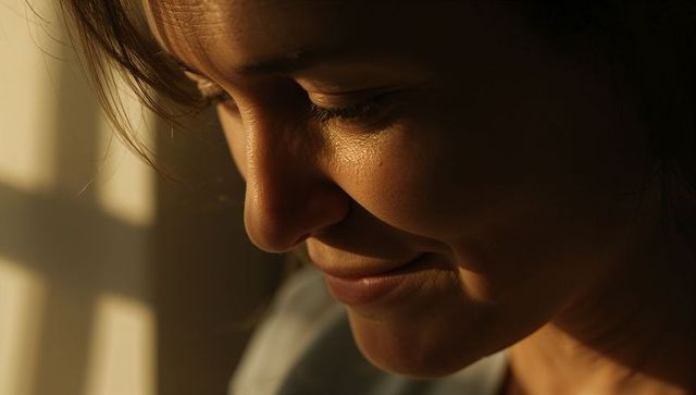 Woman smiling in golden window light closeup warm cinematic portrait looking down