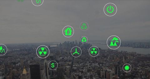 Sustainability Icons Hover Over Cityscape, Emphasizing Green Technology