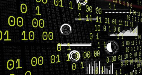 Neon binary data stream overlaying futuristic analytics dashboard hud