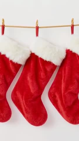 Hanging Three Red Velvet Christmas Stockings on Rope with Gentle Sway Vertical Video