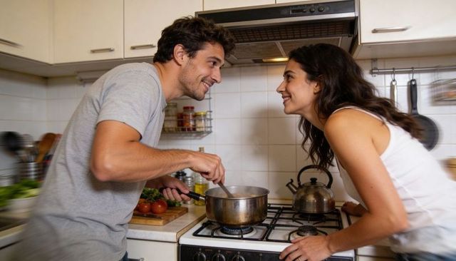 Couple cooking together on gas stove sharing smile while stirring pot in cozy kitchen