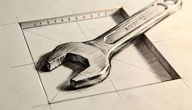 Open-end wrench sketch showing 3d perspective, realistic pencil shading and drafting lines