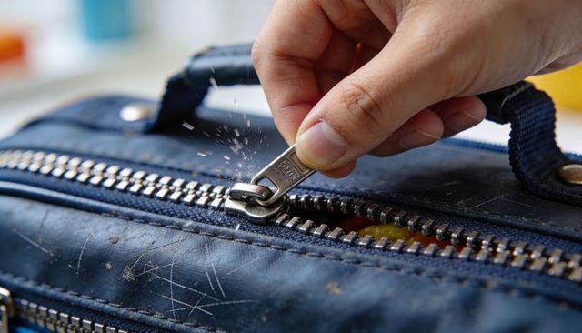 Hand pulling zipper on worn navy blue bag showing metal slider and scratched surface