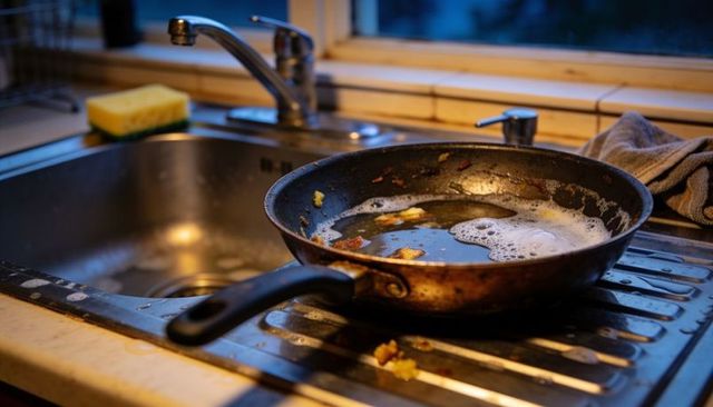 Soaking stained frying pan draining on stainless sink with soapy water and sponge