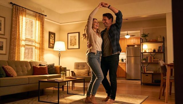 Barefoot couple dancing in warm midcentury living room embracing cozy home romance