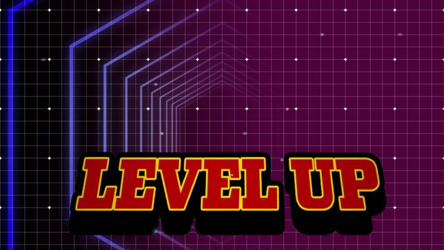 Retro-style neon grid background with cube-pattern represents 80s nostalgic arcade games. Text 'LEVEL UP' in bold makes it suitable for app interfaces, game promotions, tech websites, or event invitations with gaming themes.