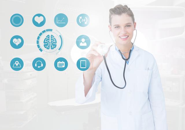 Medical professional in a lab coat interacting with a digital screen displaying medical icons. Ideal for use in healthcare-related content showcasing modern technology, innovation in medicine, and digital health solutions. Suitable for articles, presentations, and advertisements focused on advanced medical practices and health technology improvements.