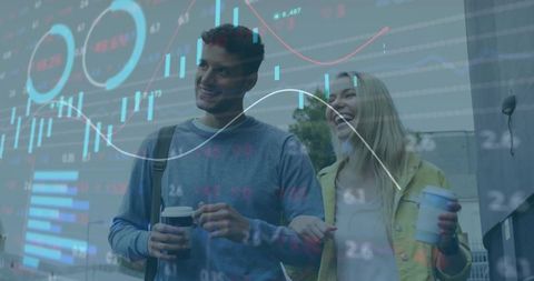 Friends Walking with Coffee Overlayed with Stock Market Data