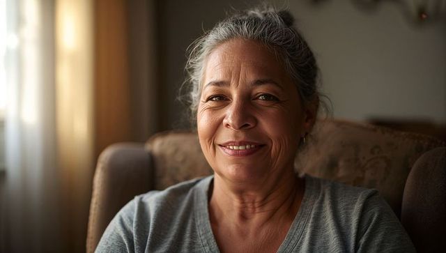 Smiling senior woman in armchair bathed in warm window light, serene at-home portrait