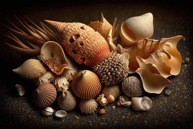 Intricately arranged sea shells create visually appealing texture and pattern. Useful for nature-related themes, background images for marine and ocean concepts, beach vacation promotions, or art and design inspiration.