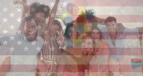 Diverse Friends Celebrating with USA Flag Transparency