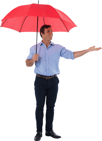 Smiling businessman with red umbrella on transparent background