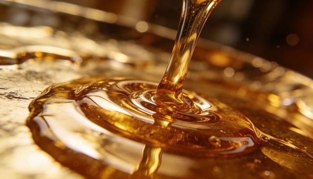 Pouring golden honey forming glossy ringed ripples closeup macro texture background