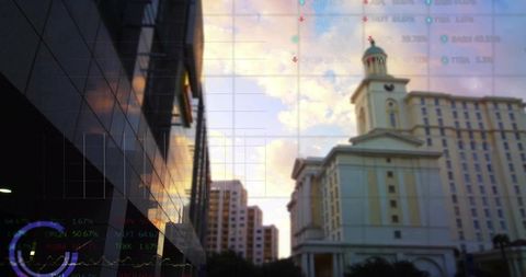 Sunset skyline reflecting on glass tower with classical domed building rising, stock market data ove